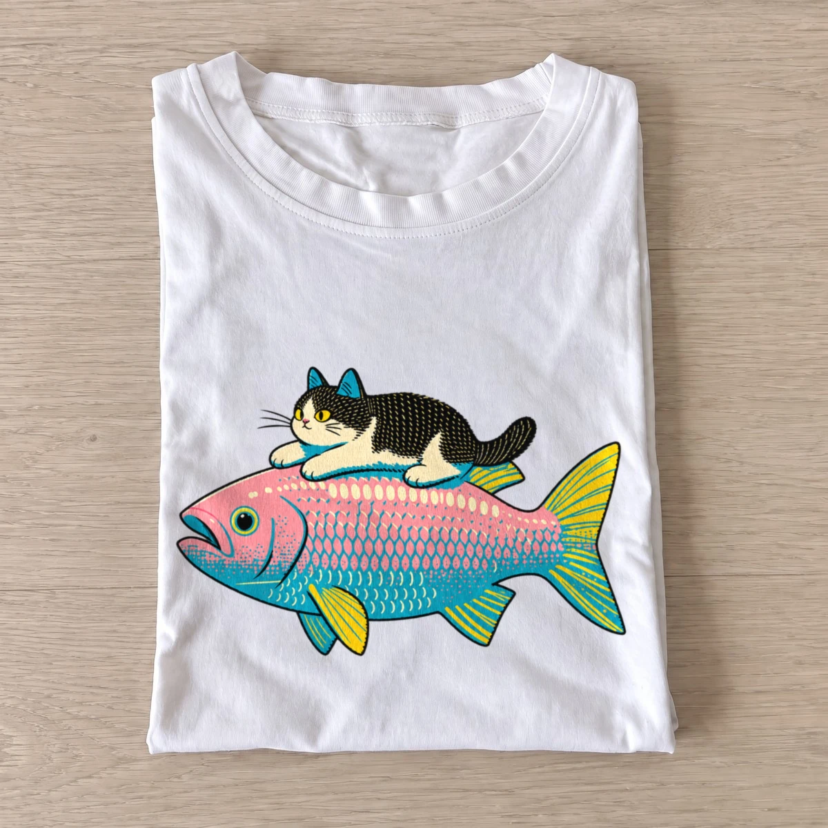 Cat rides fish t shirt white20cat rides fish.webp