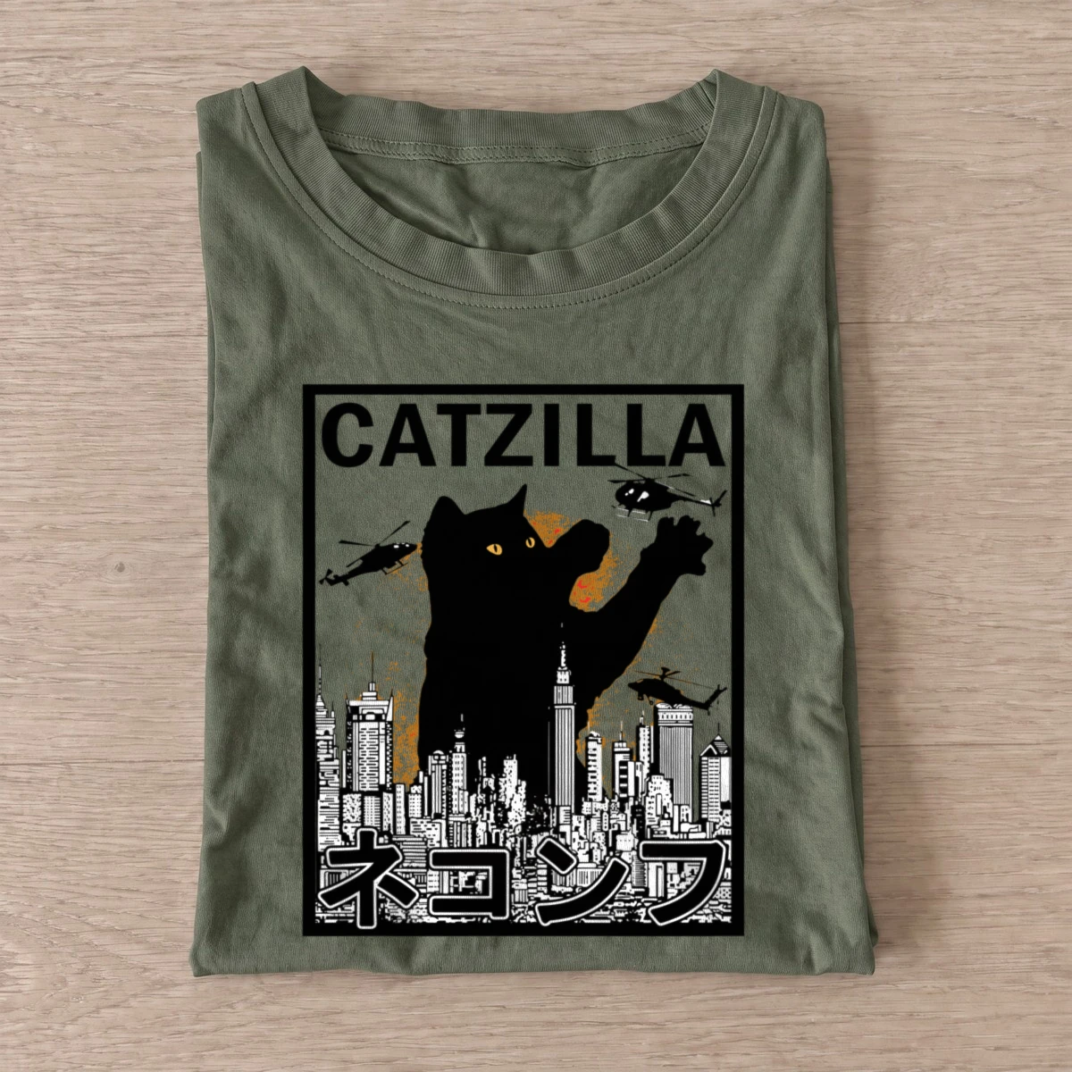 Catzilla city rampage t shirt olive20catzilla city rampage.webp