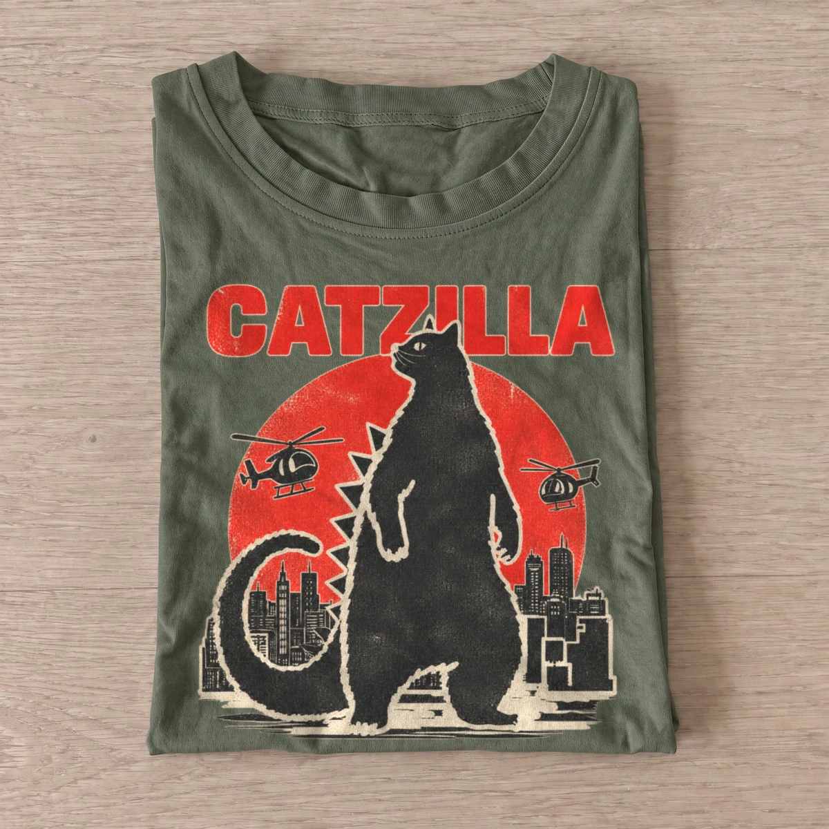Catzilla giant cat rampage t shirt olive20giant cat rampage.webp