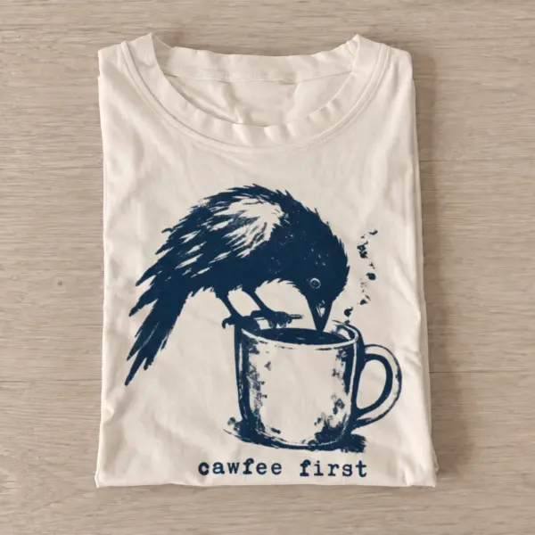 Cawfee first crow t shirt sand20cawfee first.webp