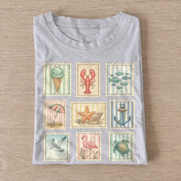 Coastal postage stamps graphic t shirt gray20coastal postage stamps.webp