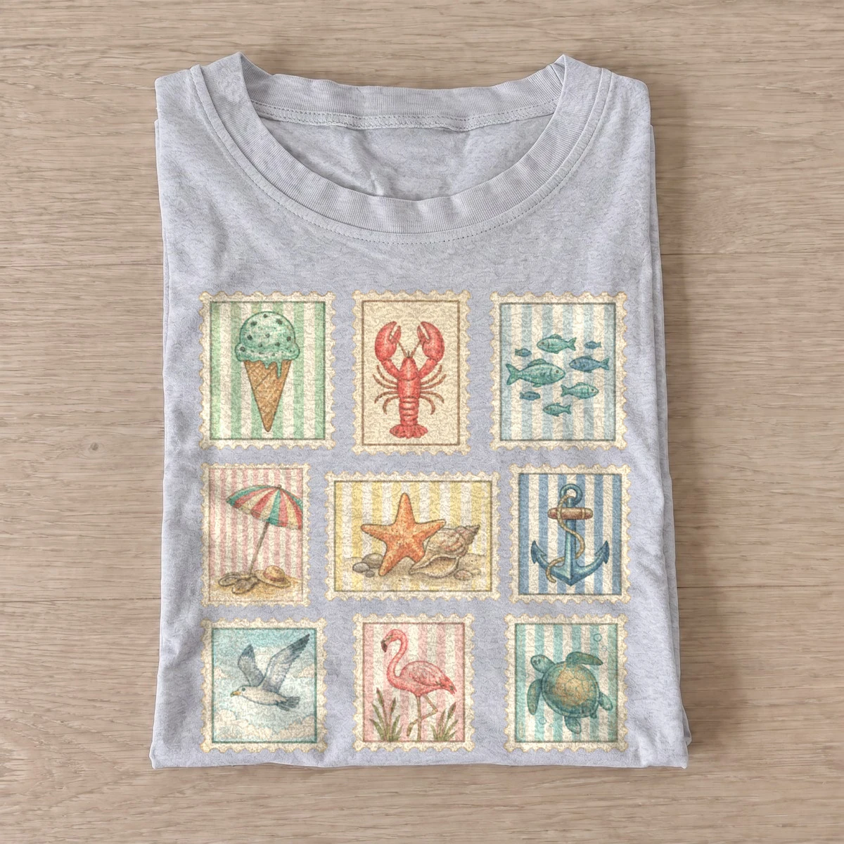 Coastal postage stamps graphic t shirt gray20coastal postage stamps.webp