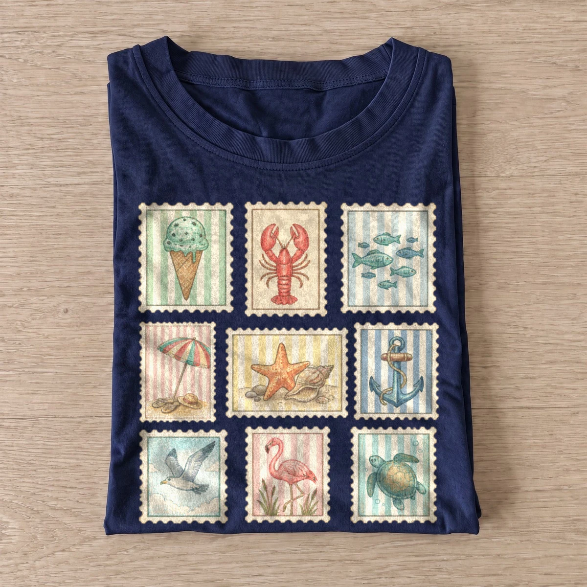 Coastal postage stamps graphic t shirt navy20coastal postage stamps.webp