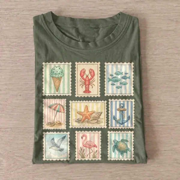 Coastal postage stamps graphic t shirt olive20coastal postage stamps.webp