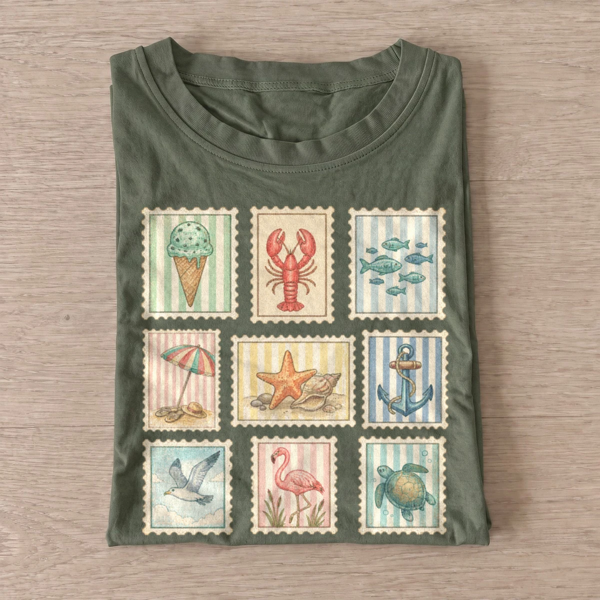 Coastal postage stamps graphic t shirt olive20coastal postage stamps.webp