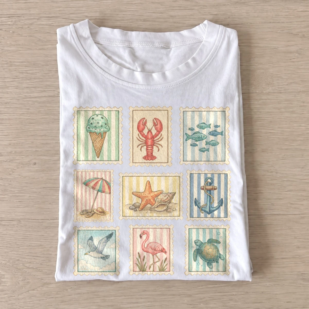 Coastal postage stamps graphic t shirt white20coastal postage stamps.webp