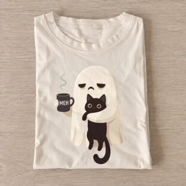 Coffee Ghost Cat Graphic T-Shirt — graphic design