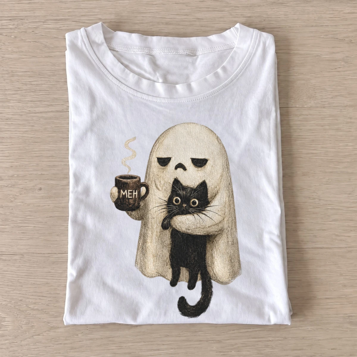 Coffee ghost and black cat t shirt white20coffee ghost cat.webp