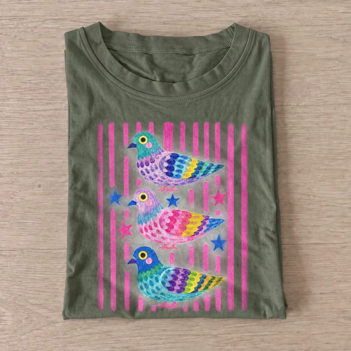 Colorful pigeon trio t shirt olive20colorful pigeon trio.webp