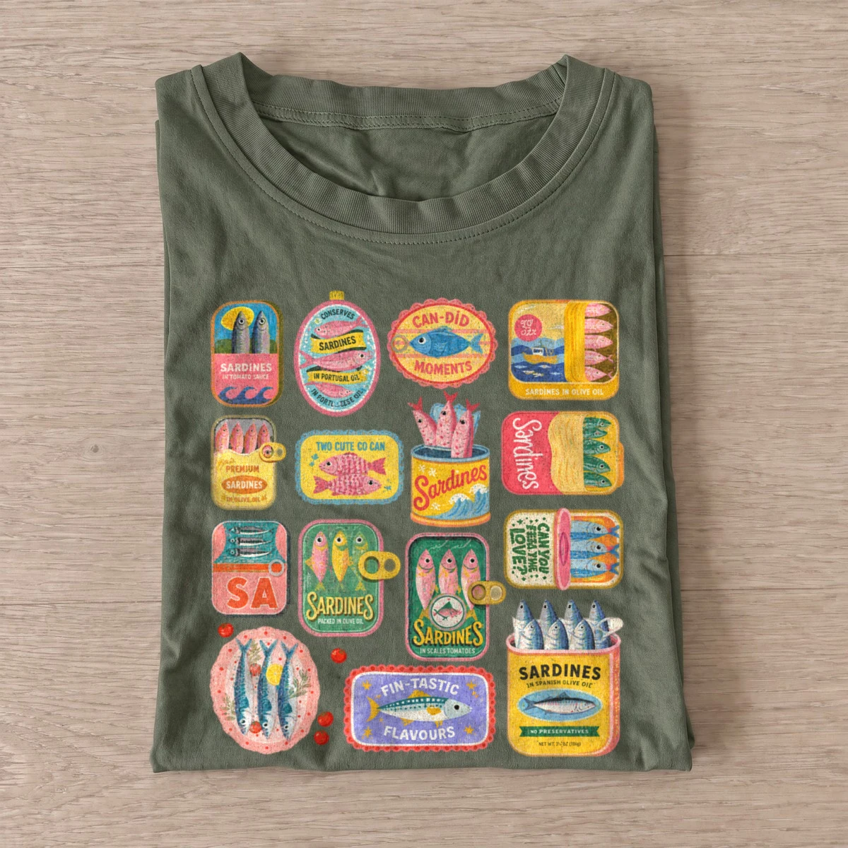 Colorful sardine tins t shirt olive20colorful sardine tins.webp