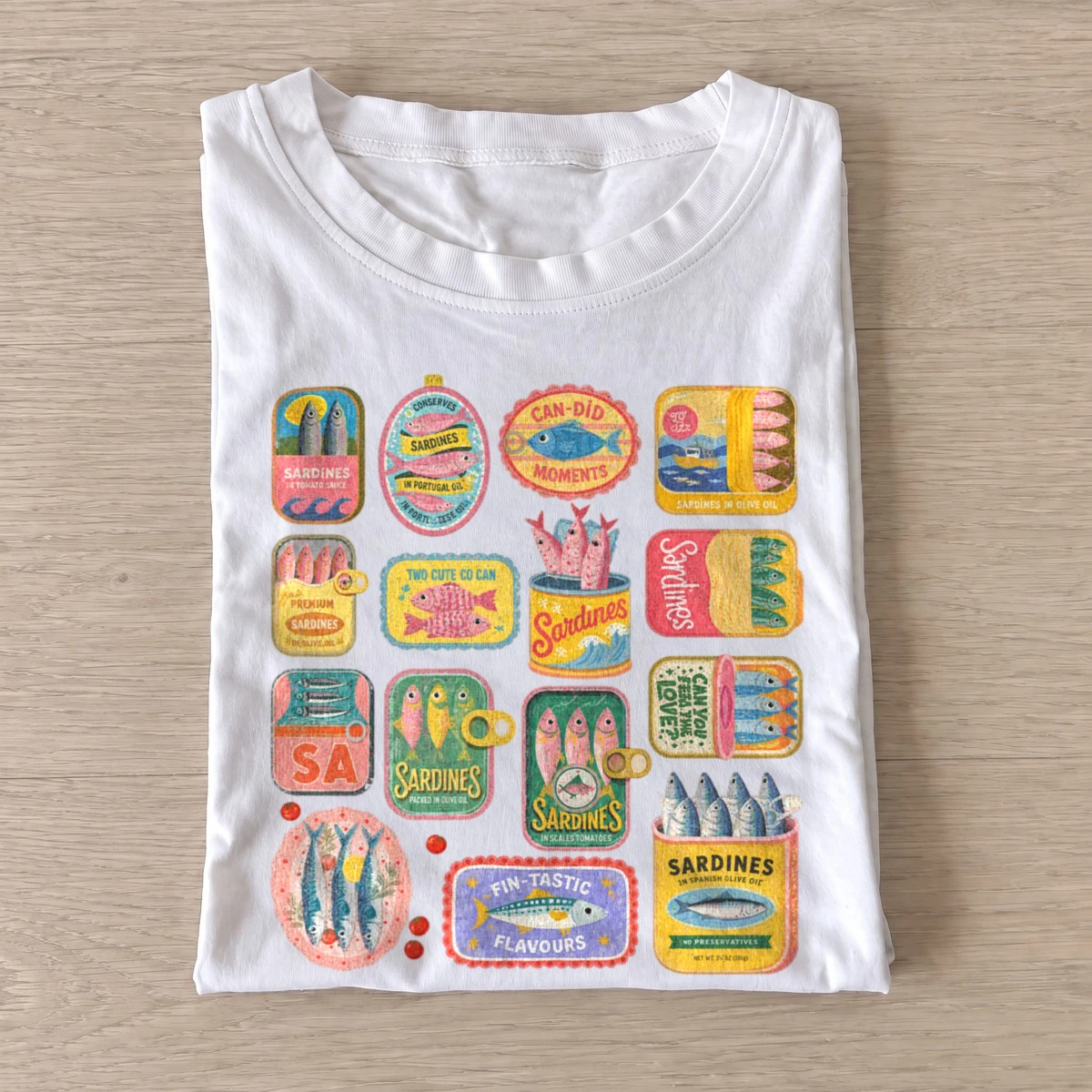 Colorful sardine tins t shirt white20colorful sardine tins.webp