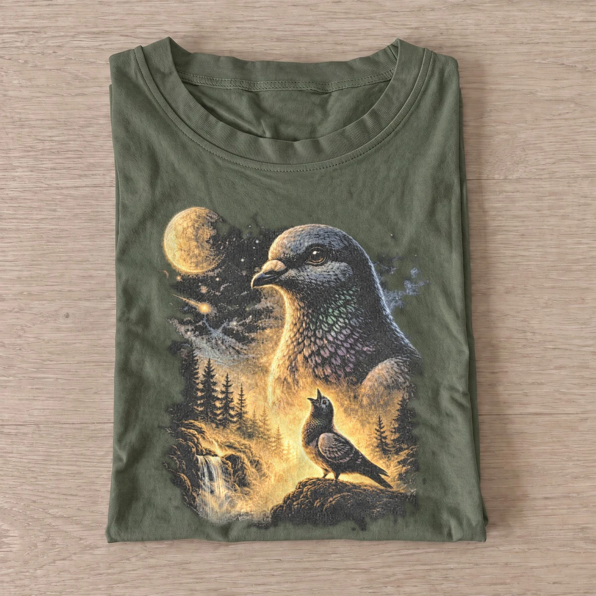 Cosmic pigeon graphic t shirt olive20cosmic pigeon.webp