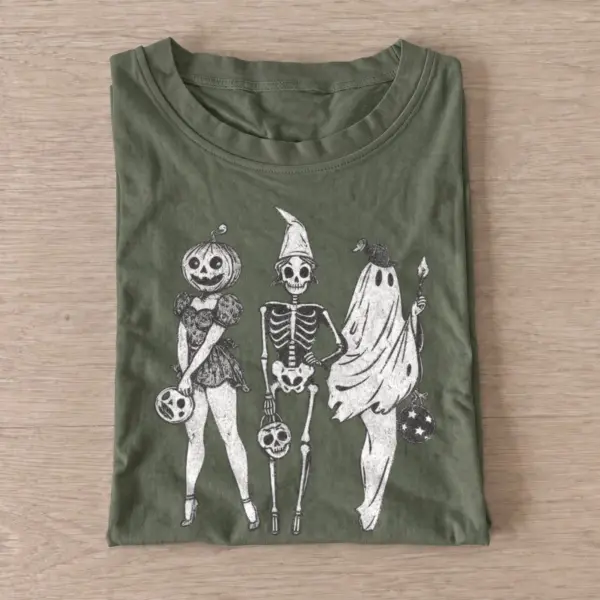 Costumed skeleton trio t shirt olive20costumed skeleton trio.webp