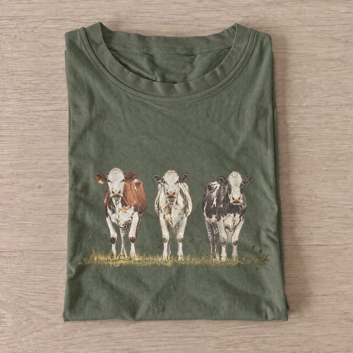 Cow trio graphic t shirt olive20cow trio.webp