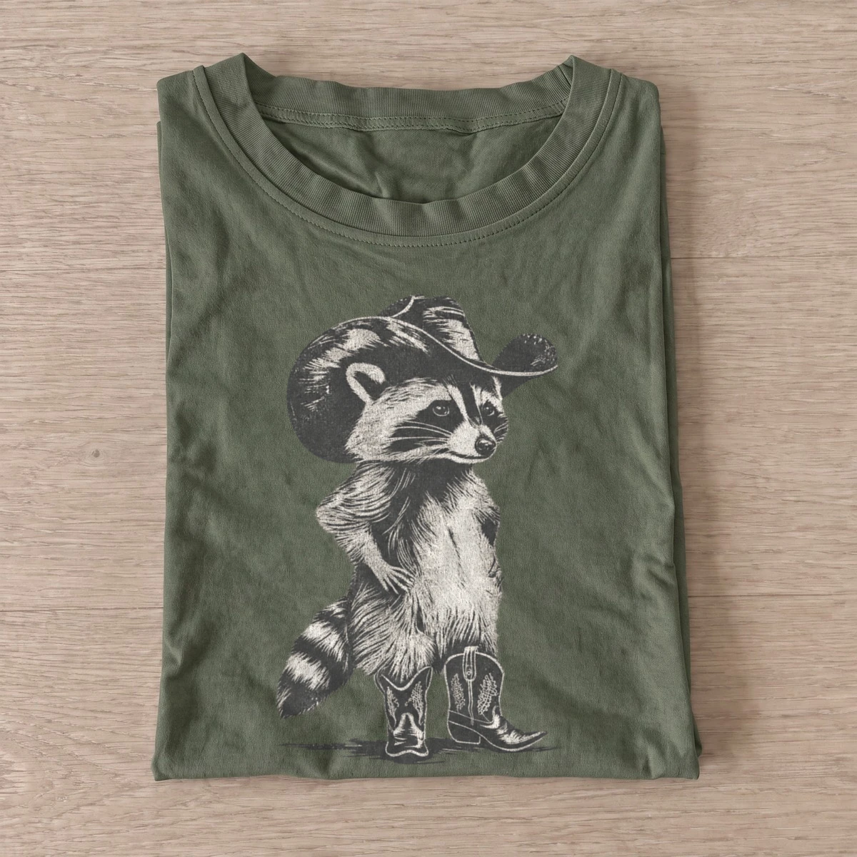 Cowboy raccoon in boots t shirt olive20cowboy raccoon boots.webp