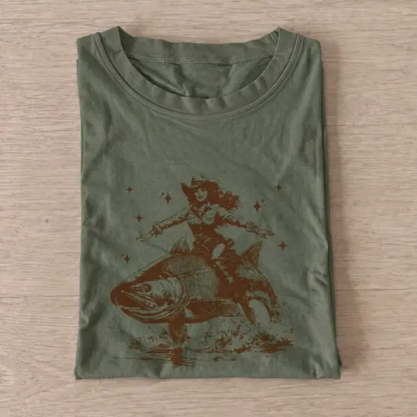 Cowgirl riding fish t shirt olive20cowgirl riding fish.webp