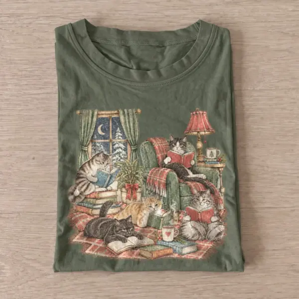 Cozy reading cats t shirt olive20cozy reading cats.webp