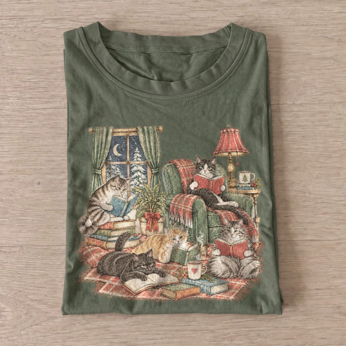 Cozy reading cats t shirt olive20cozy reading cats.webp