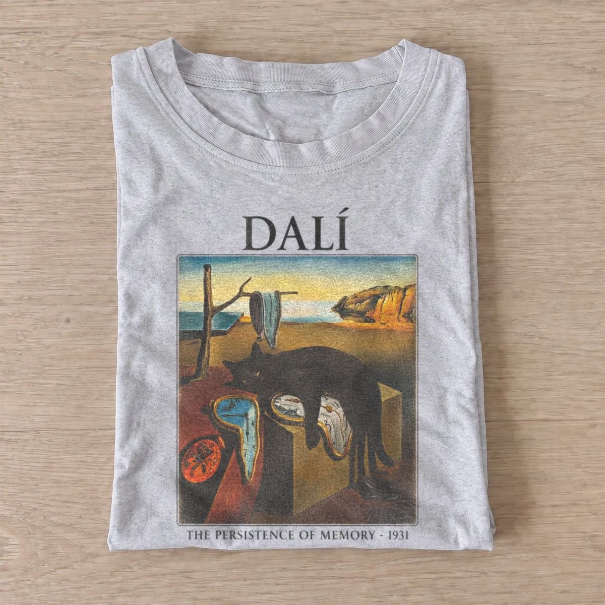 Dali persistence of memory cat t shirt gray20melting clock dreamscape.webp