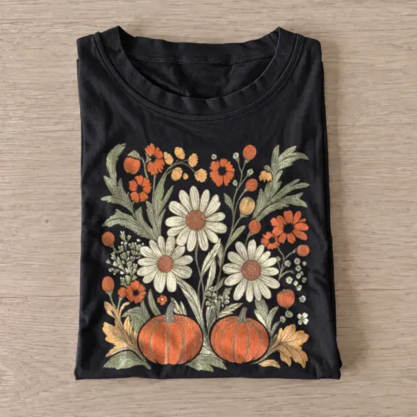 Fall pumpkin and wildflowers floral t shirt black20pumpkin wildflowers.webp