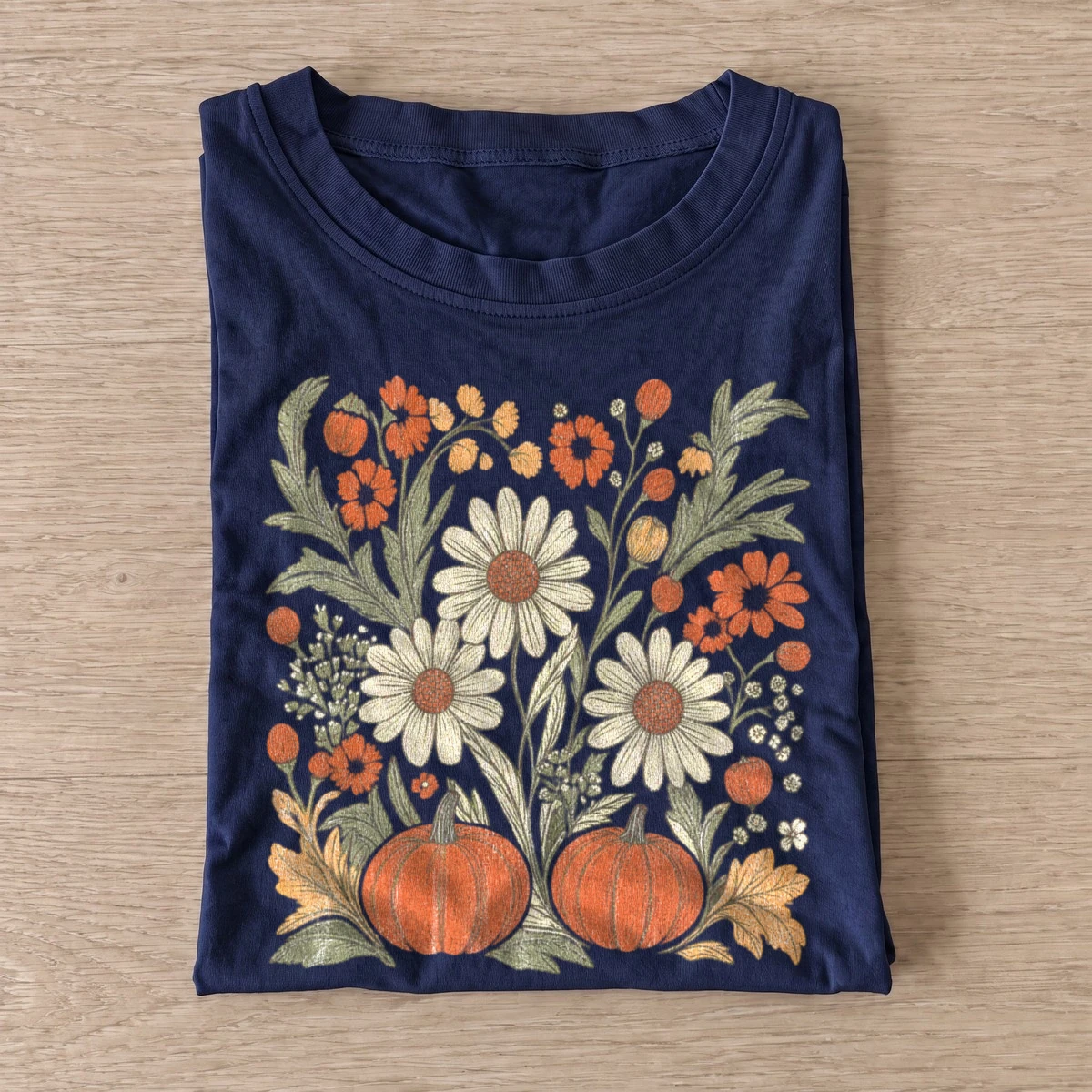 Fall pumpkin and wildflowers floral t shirt navy20pumpkin wildflowers.webp