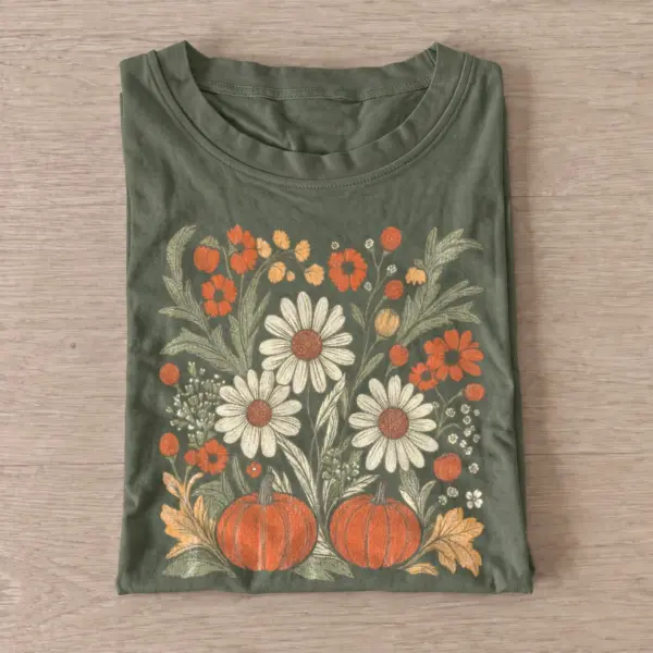 Fall pumpkin and wildflowers floral t shirt olive20pumpkin wildflowers.webp