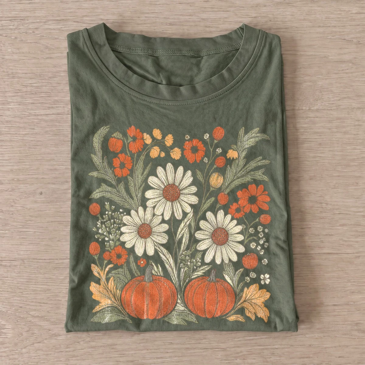 Fall pumpkin and wildflowers floral t shirt olive20pumpkin wildflowers.webp