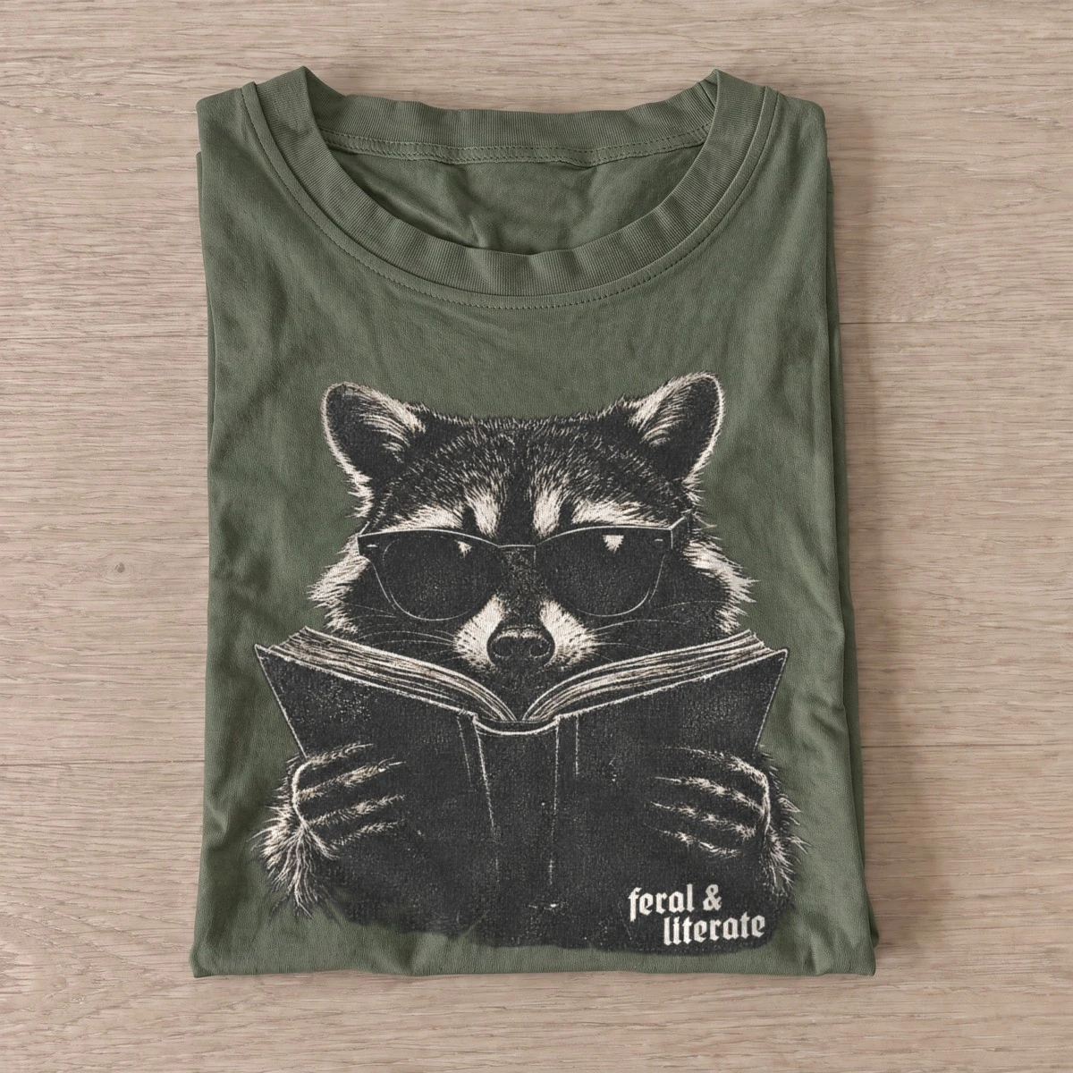 Feral literate reading raccoon t shirt olive20feral literate raccoon.webp