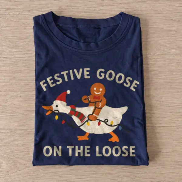 Festive goose on the loose t shirt navy20festive goose rider.webp