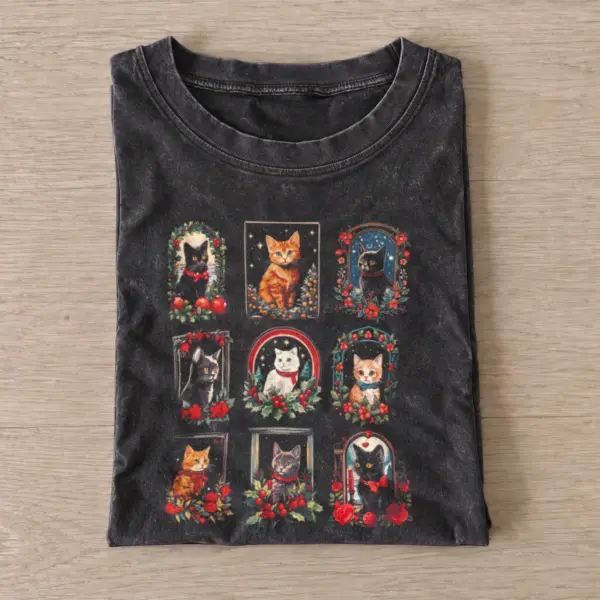 Floral cat portraits vintage t shirt washed20black20floral cat portraits.webp
