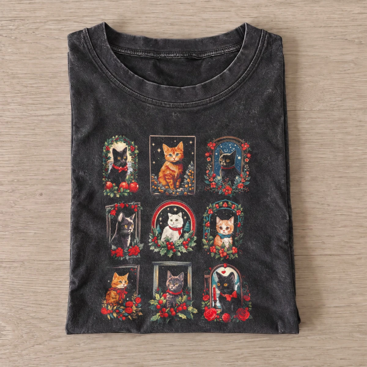 Floral cat portraits vintage t shirt washed20black20floral cat portraits.webp