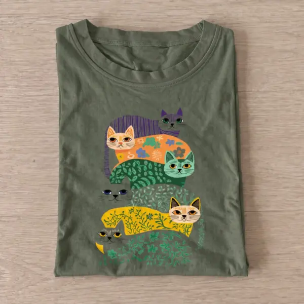 Floral cat stack t shirt olive20floral cat stack.webp