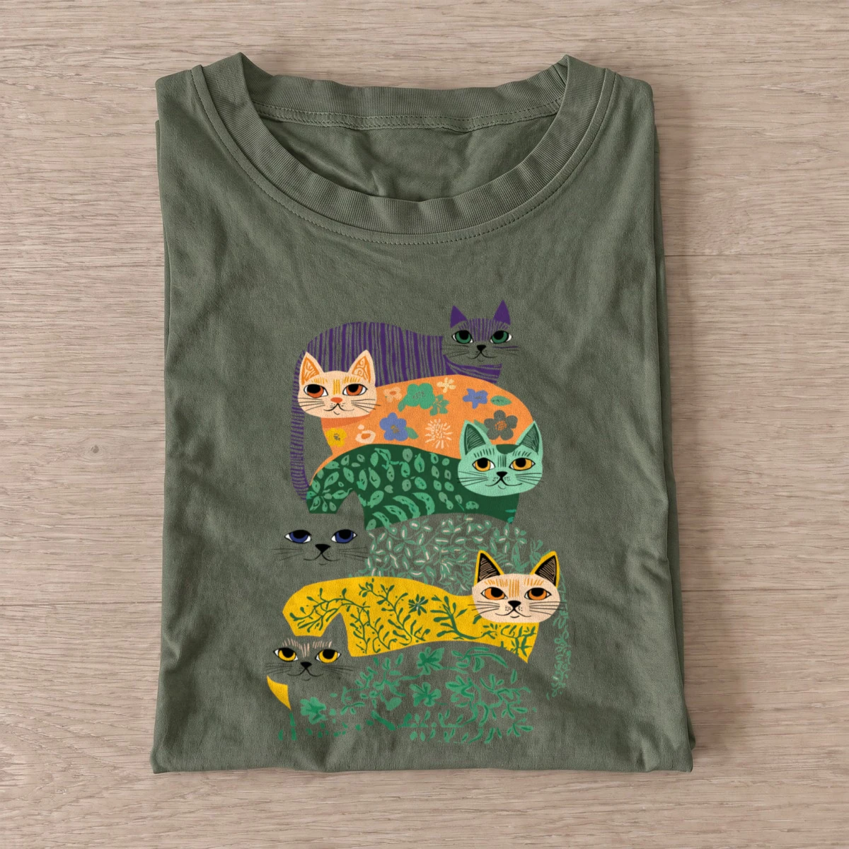 Floral cat stack t shirt olive20floral cat stack.webp