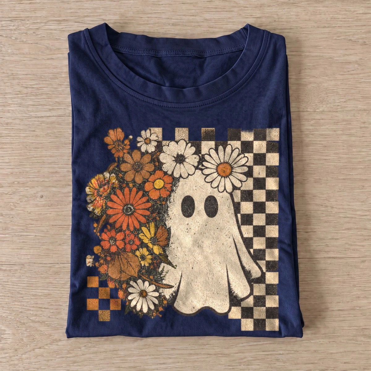 Floral checkerboard ghost t shirt navy20floral checkerboard ghost.webp