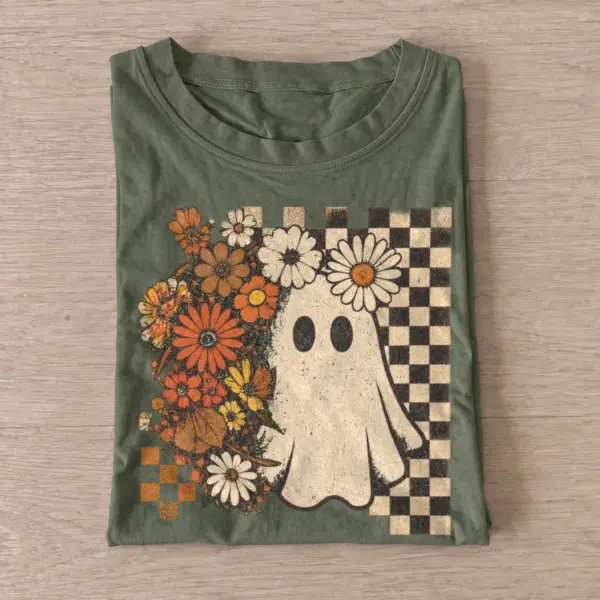 Floral checkerboard ghost t shirt olive20floral checkerboard ghost.webp