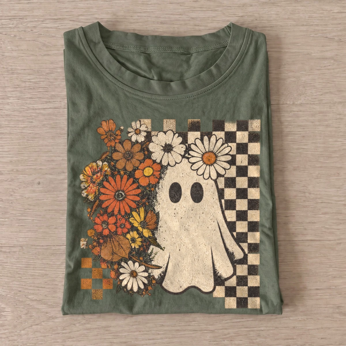 Floral checkerboard ghost t shirt olive20floral checkerboard ghost.webp