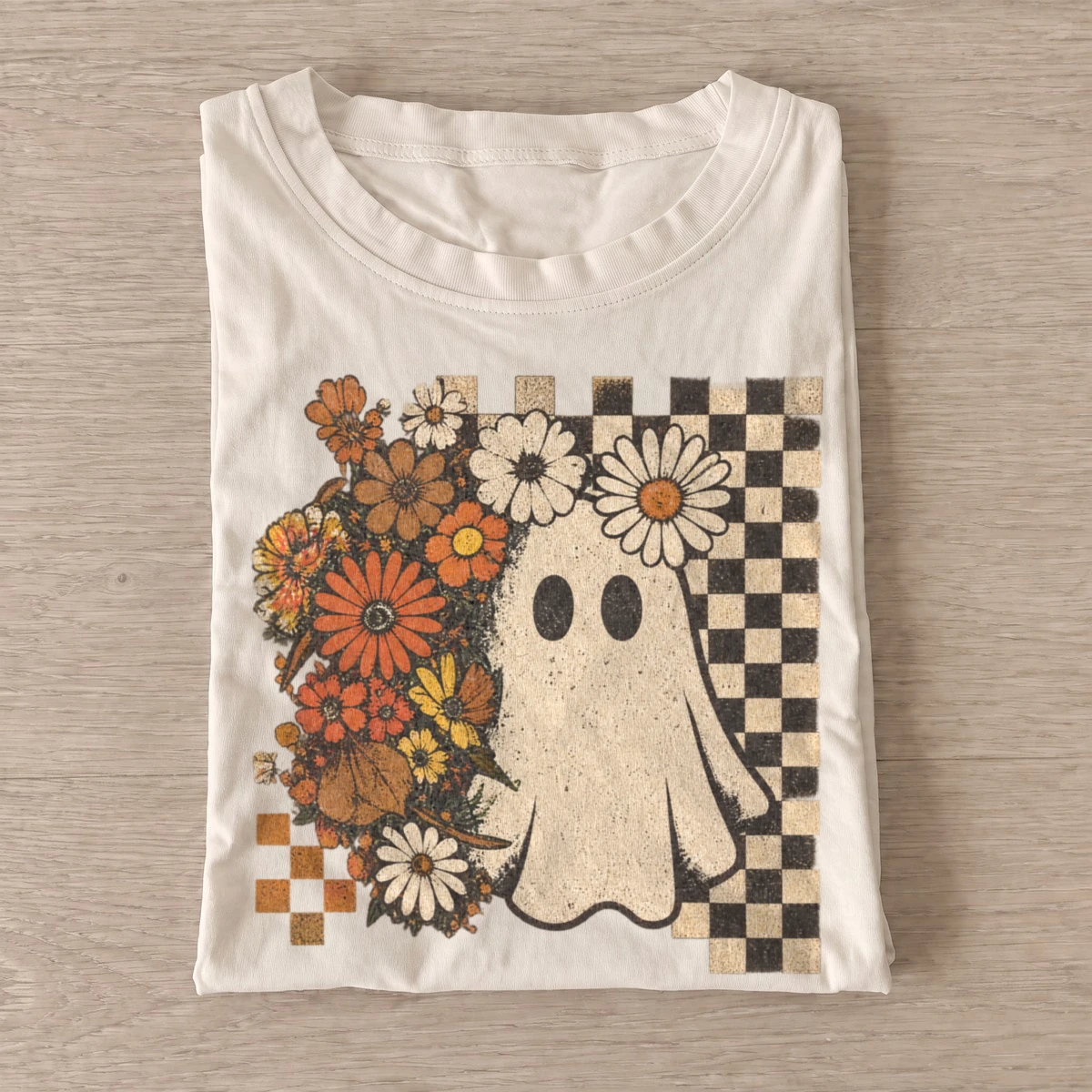 Floral checkerboard ghost t shirt sand20floral checkerboard ghost.webp