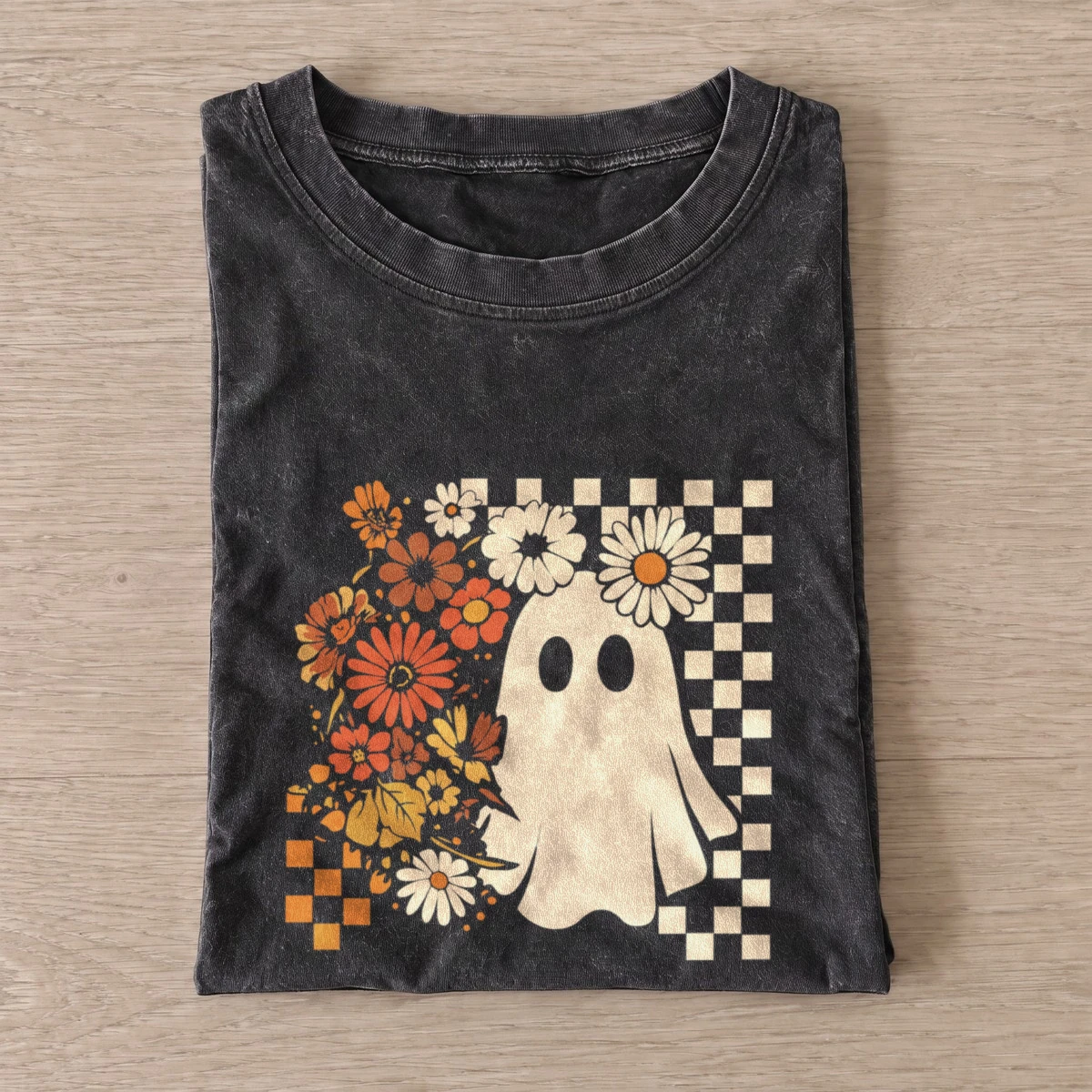 Floral checkerboard ghost vintage t shirt washed20black20floral checkerboard ghost.webp