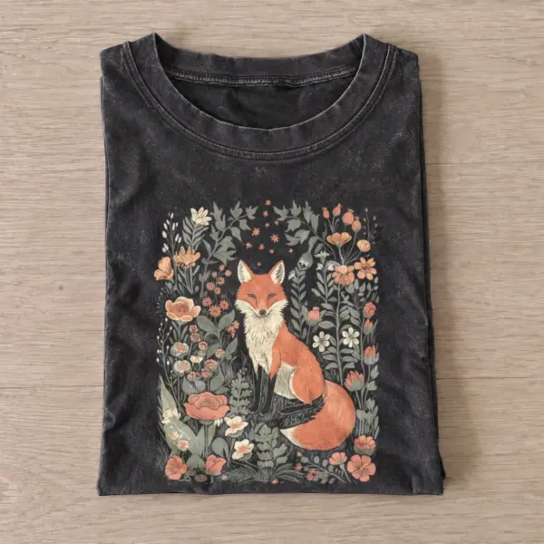 Floral fox vintage t shirt washed20black20floral fox.webp