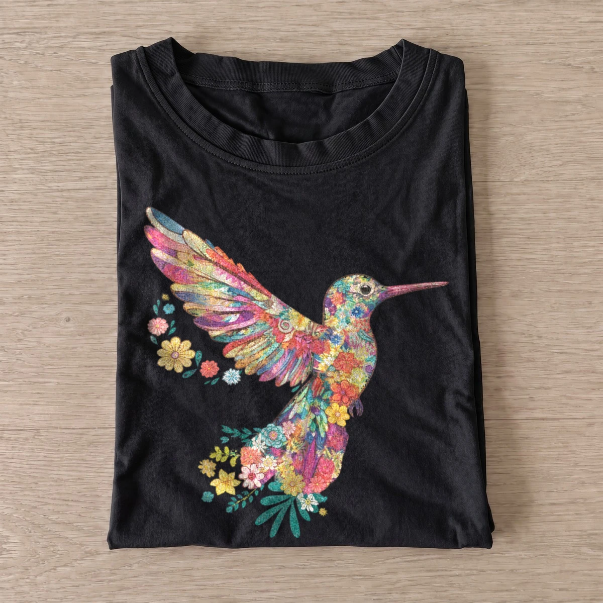Floral hummingbird t shirt black20floral hummingbird.webp