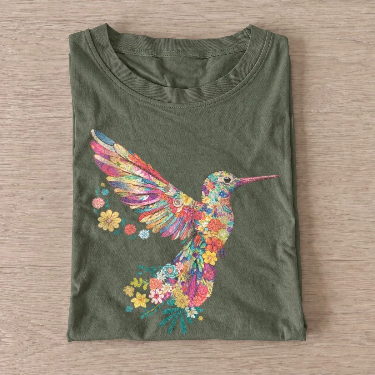Floral hummingbird t shirt olive20floral hummingbird.webp