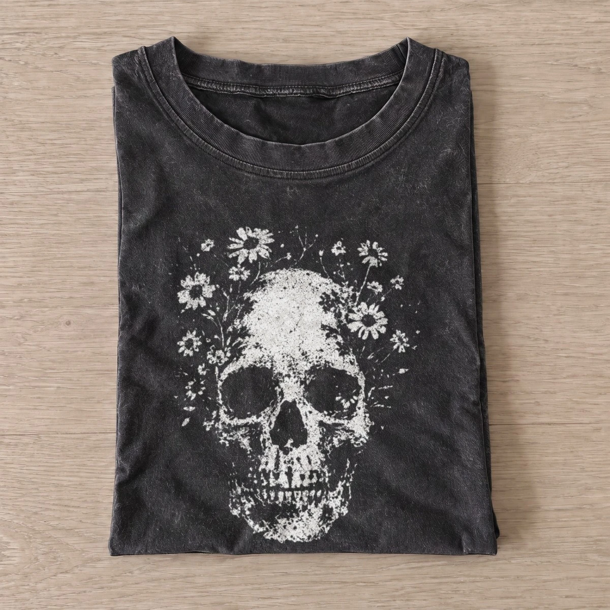 Floral skull portrait vintage t shirt washed20black20floral skull portrait.webp