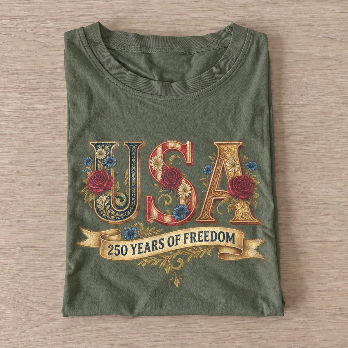 Floral usa 250 years of freedom t shirt olive20floral usa anniversary.webp
