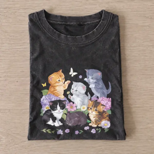 Flower garden kittens vintage t shirt washed20black20flower garden kittens.webp