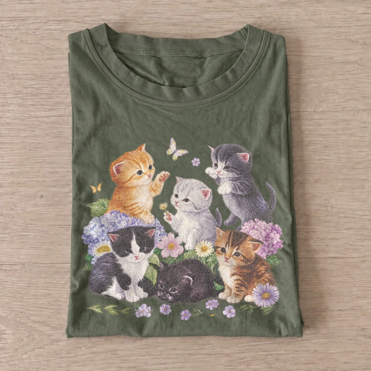 Flower kitten family graphic t shirt olive20flower kitten family.webp