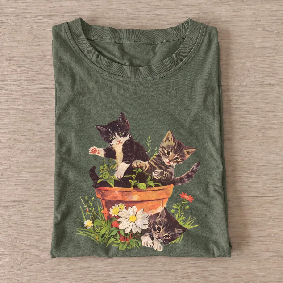Flowerpot kitten trio t shirt olive20flowerpot kitten trio.webp