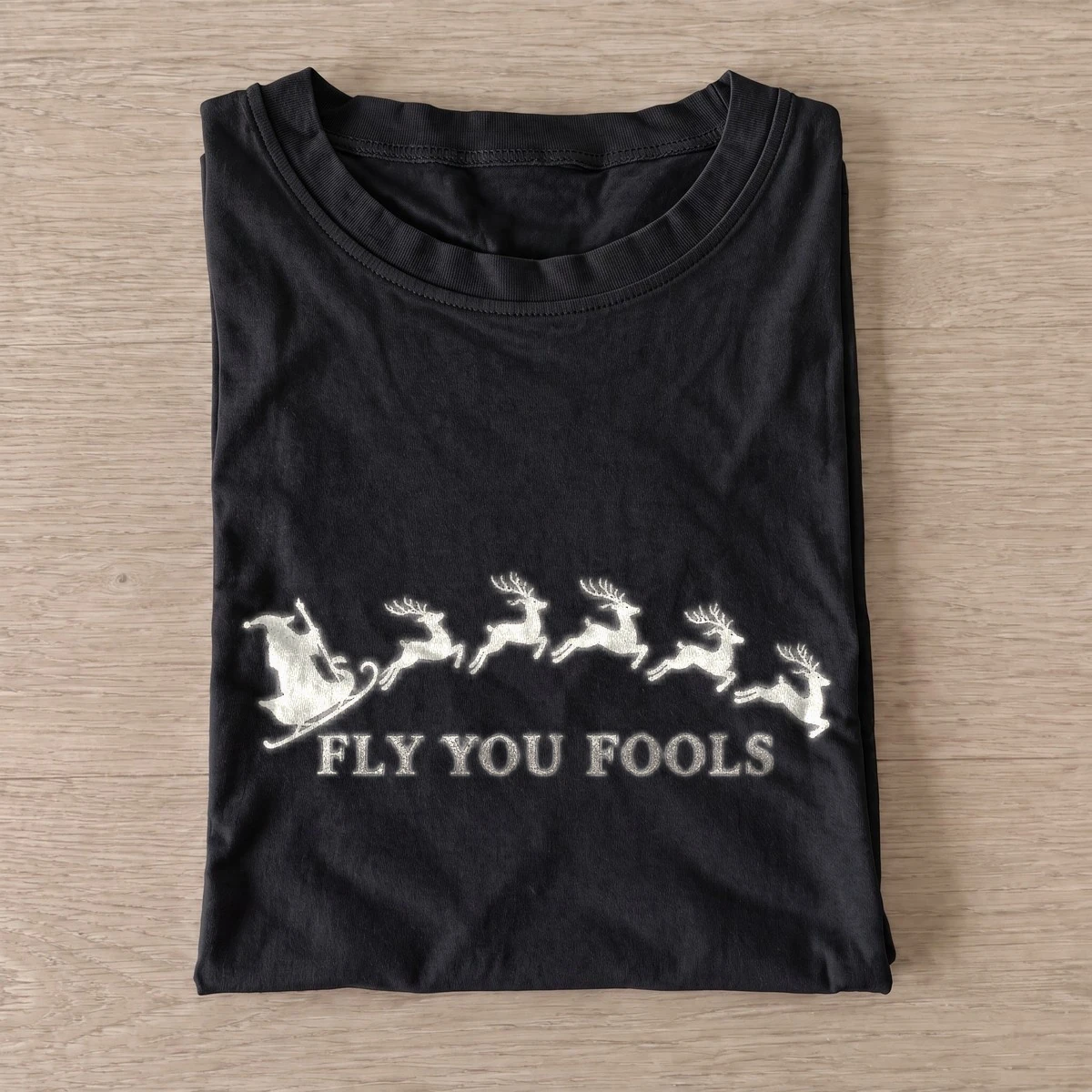 Fly you fools santa sleigh t shirt black20flying santa sleigh.webp