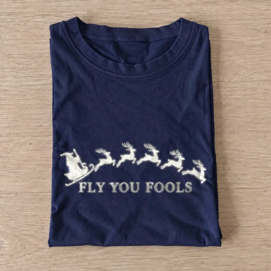 Fly you fools santa sleigh t shirt navy20flying santa sleigh.webp