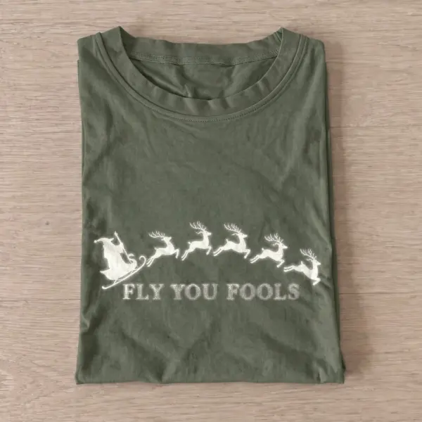 Fly you fools santa sleigh t shirt olive20flying santa sleigh.webp