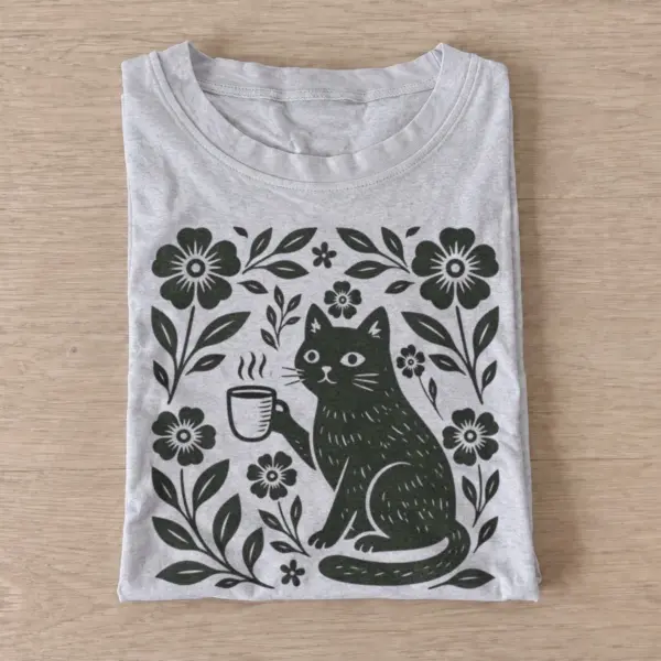 Folk art coffee cat t shirt gray20folk coffee cat.webp